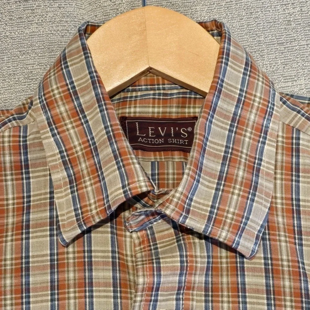 Levis Action Shirt Mens Small Orange Plaid Long Sleeve Button Down‎ Made in USA